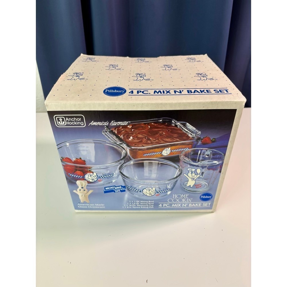 Anchor Hocking Pillsbury Doughboy Mix N Bake Set 4pc Glass Vintage‎ In Box